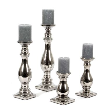 Stilvolle Keramik-Kerzenleuchter, silber, Kerzenhalter Stumpenkerzen