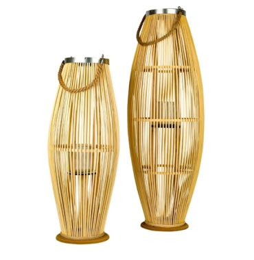 Große Laterne Rattan, Holzlaterne mit Glaseinsatz, Jutegriff, zwei Größen