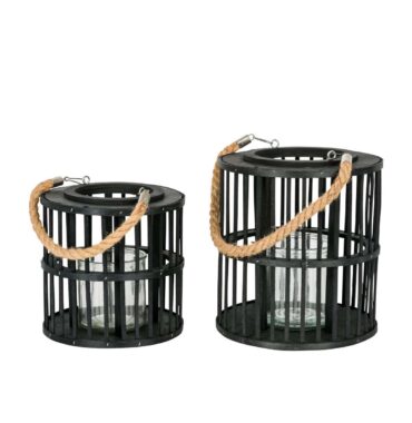 Holzlaterne "Herry"  Zylinder, schwarz mit Jutegriff und Glaseinsatz