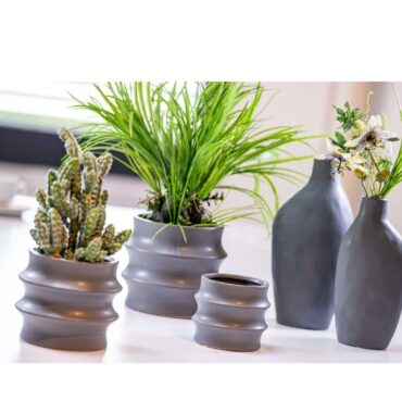 Blumentopf-Jutta grau Keramik Zylindertopf gewellt