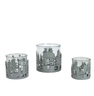 Atmospheric metal tealight holder with wintry village motif in gray - perfect for a magical play of light at Christmas