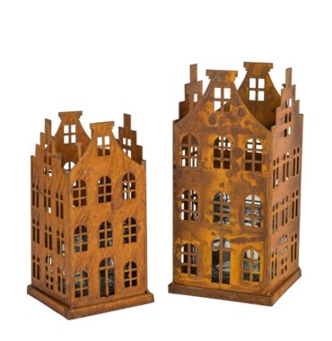 Laternenhaus Metallhaus Rost mit Glaseinsatz im Vintage-Stil - Gartenbeleuchtung für gemütliche Abende im Freien