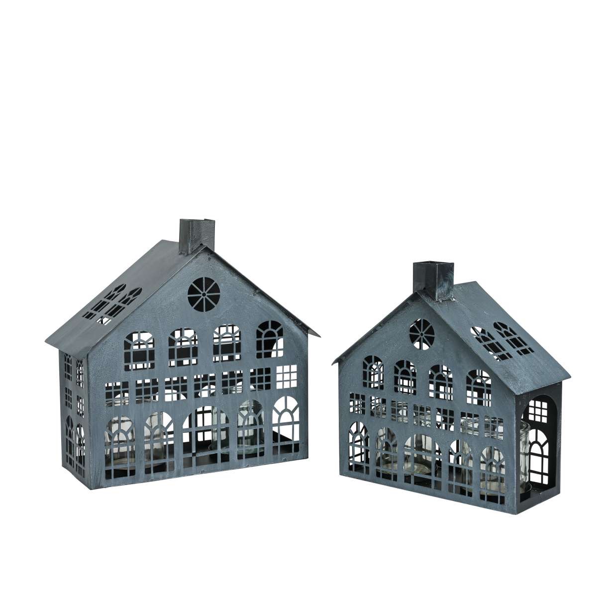 Antikes Metall Windlicht Haus in Grau - Rechteckiges Design mit 2 Gläsern für Kerzen - Stimmungsvolles Lichterhaus für gemütliche Abende
