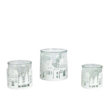 Atmospheric metal tealight holder with wintry village motif in white - perfect for a magical play of light at Christmas
