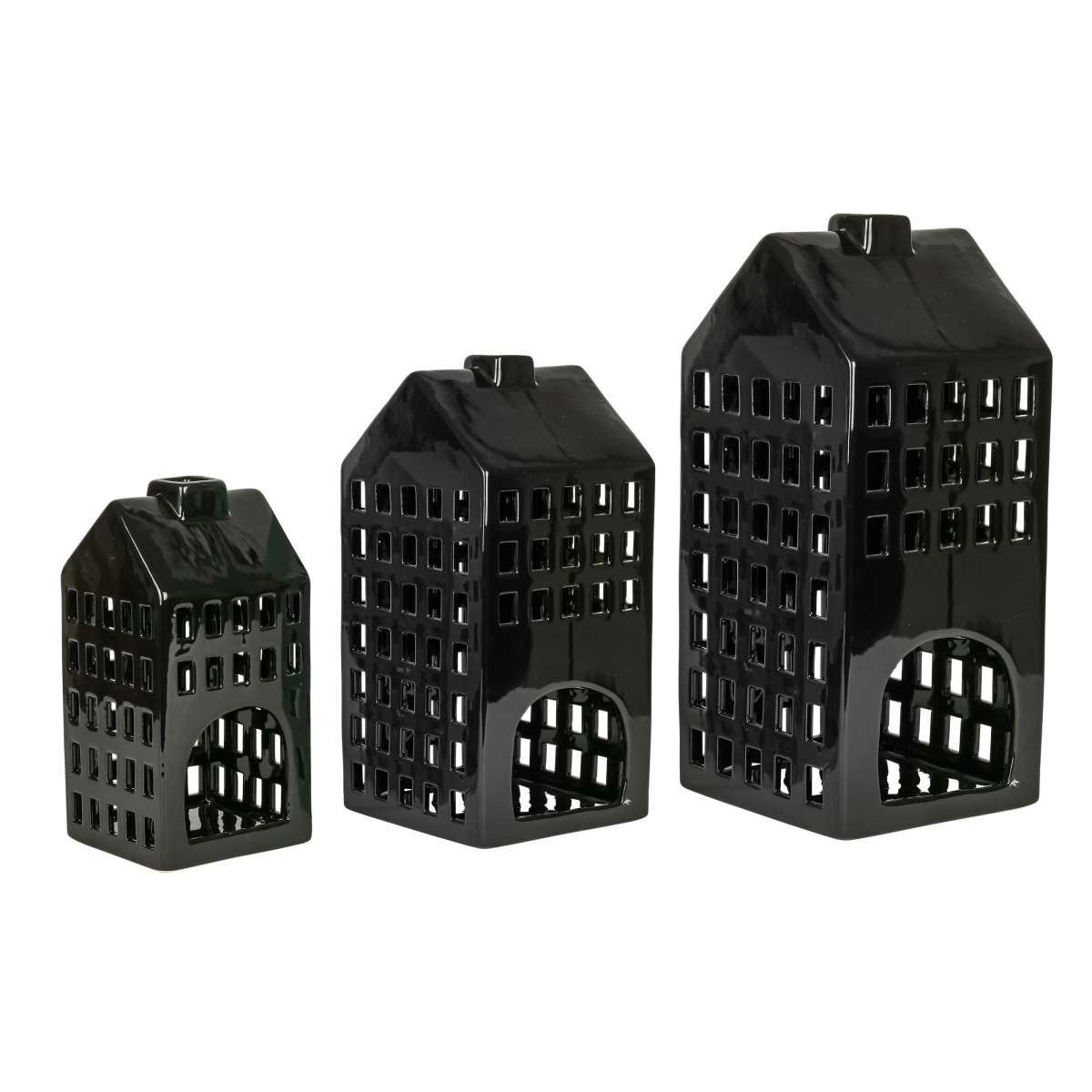 Teelichthaus Kiel aus Keramik - Lichthaus in schwarz glasiert - 3 verschiedene Größen - stilvolle Dekoration für gemütliche Abende