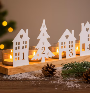 Advent tealight holder, natural white wood/metal, L29x7x13 cm - Atmospheric Christmas decoration for cozy evenings