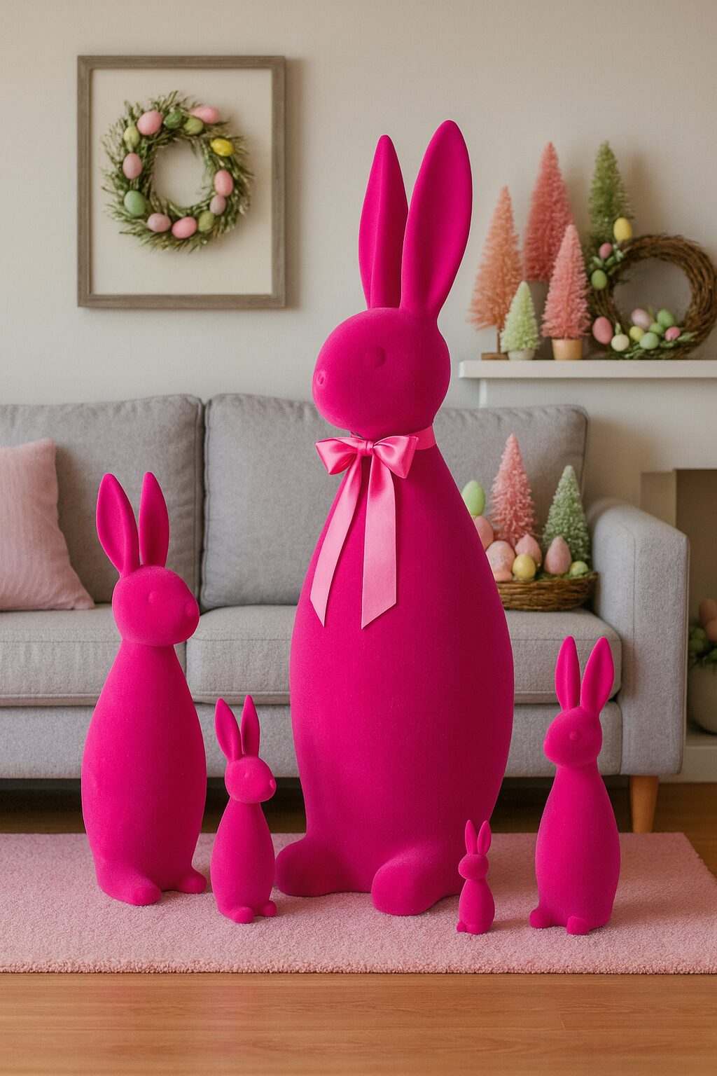 Beflockter Hase Pink, Dekohase in 5 Größen, Osterhase modern in Samtoptik