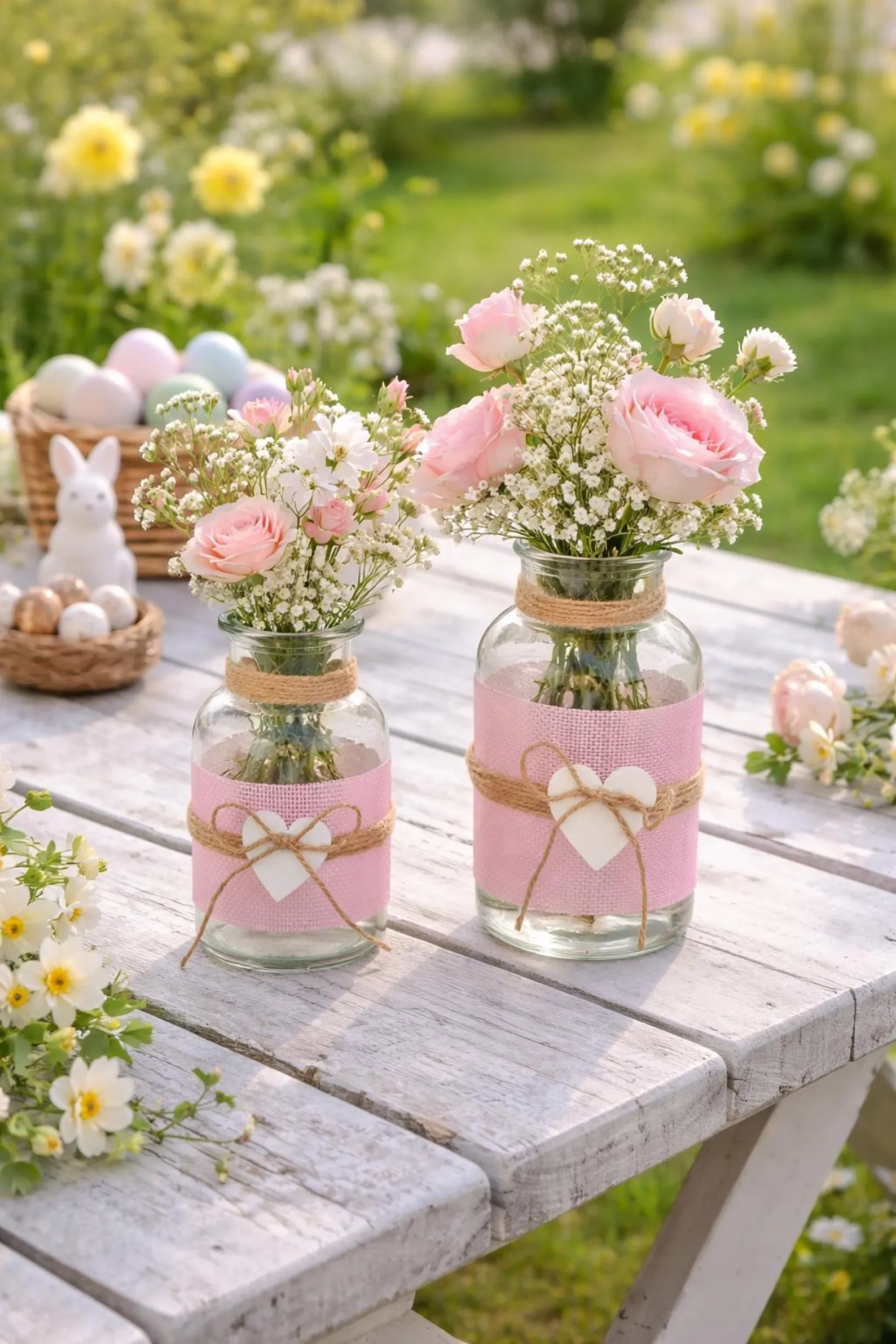 Small glass vase - Glass bottle with heart pendant and ribbon - White/nature - Table vase - Image 4