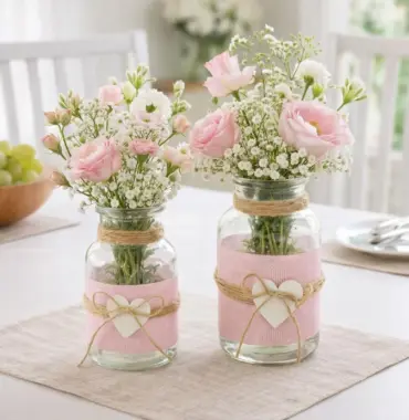 Glasvase mit Jute und Herz, Deko Vase Landhausstil, Glasvase rosa natur,