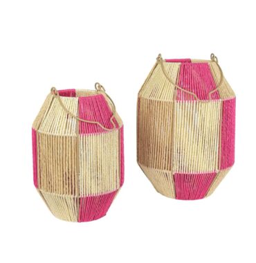 Rattan Laterne Boho Stil – Gartenlaterne & Terrassen Deko in Pink/Creme – 2 Größen