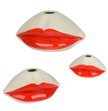 Vase mit Kussmund - Mundvase - Rote Lippen-Vase - Weiß/Rot glasiert - 2 Größen