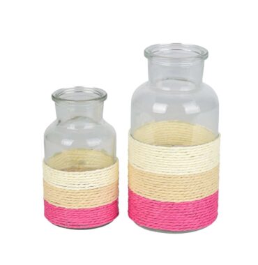 Glasvase - Glasflasche mit Kordel – Blumenvase Pink/Natur - Tischvase - Ideal für Blumen und Trockenblumen