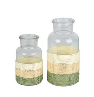 Glasvase - Glasflasche mit Kordel – Blumenvase Grün/Natur - Ideal für Blumen und Trockenblumen