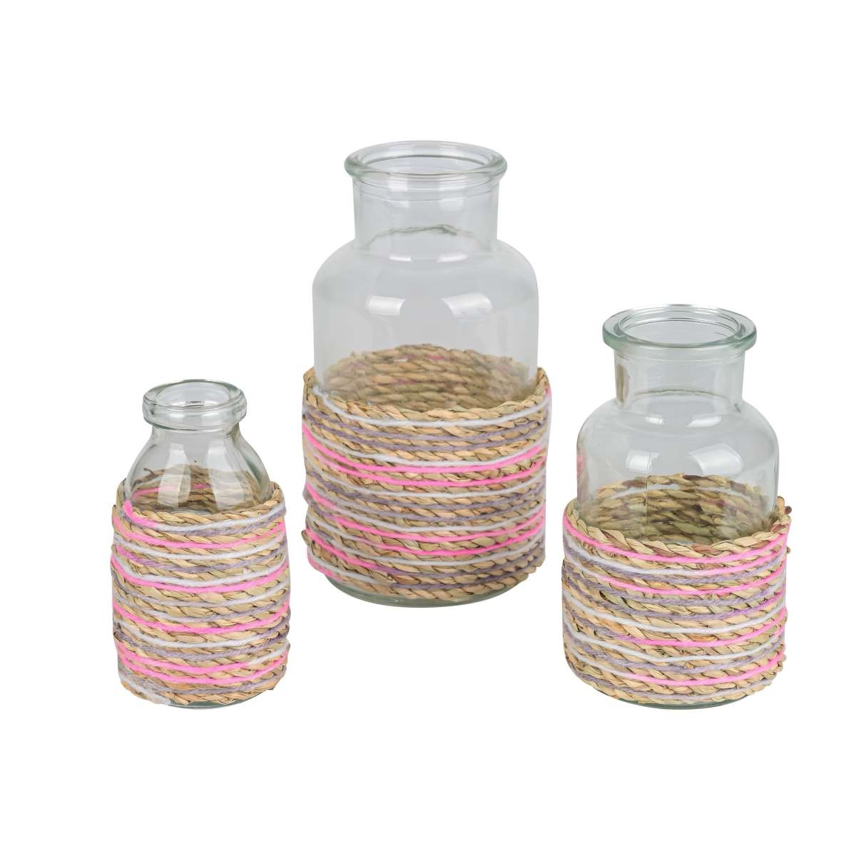 Small glass vase - glass bottle with cord - seagrass pink-white - table vase decoration for spring and summer