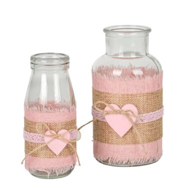Kleine Glasvase - Glasflasche mit Herzhänger und Band – Rosa/Natur - Tischvase