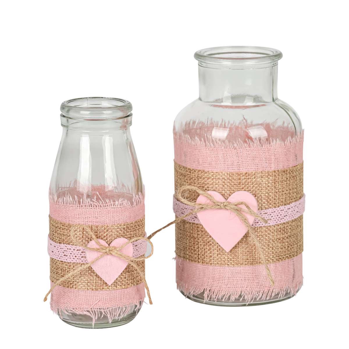 Kleine Glasvase - Glasflasche mit Herzhänger und Band – Rosa/Natur - Tischvase