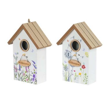 Vogelhaus aus Holz – Nistkasten mit Blumenmotiv - Weiß-Natur - 2 Varianten