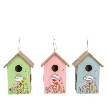 Wooden bird house - bird feeder with flower decor - nesting box - welcome sign - 3 colors