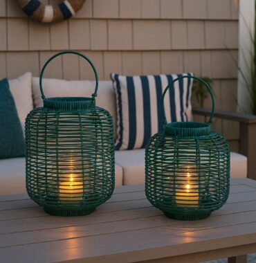 Maritime Laterne, Rattanlaterne Blau - Gartenlaterne in 2 Größen