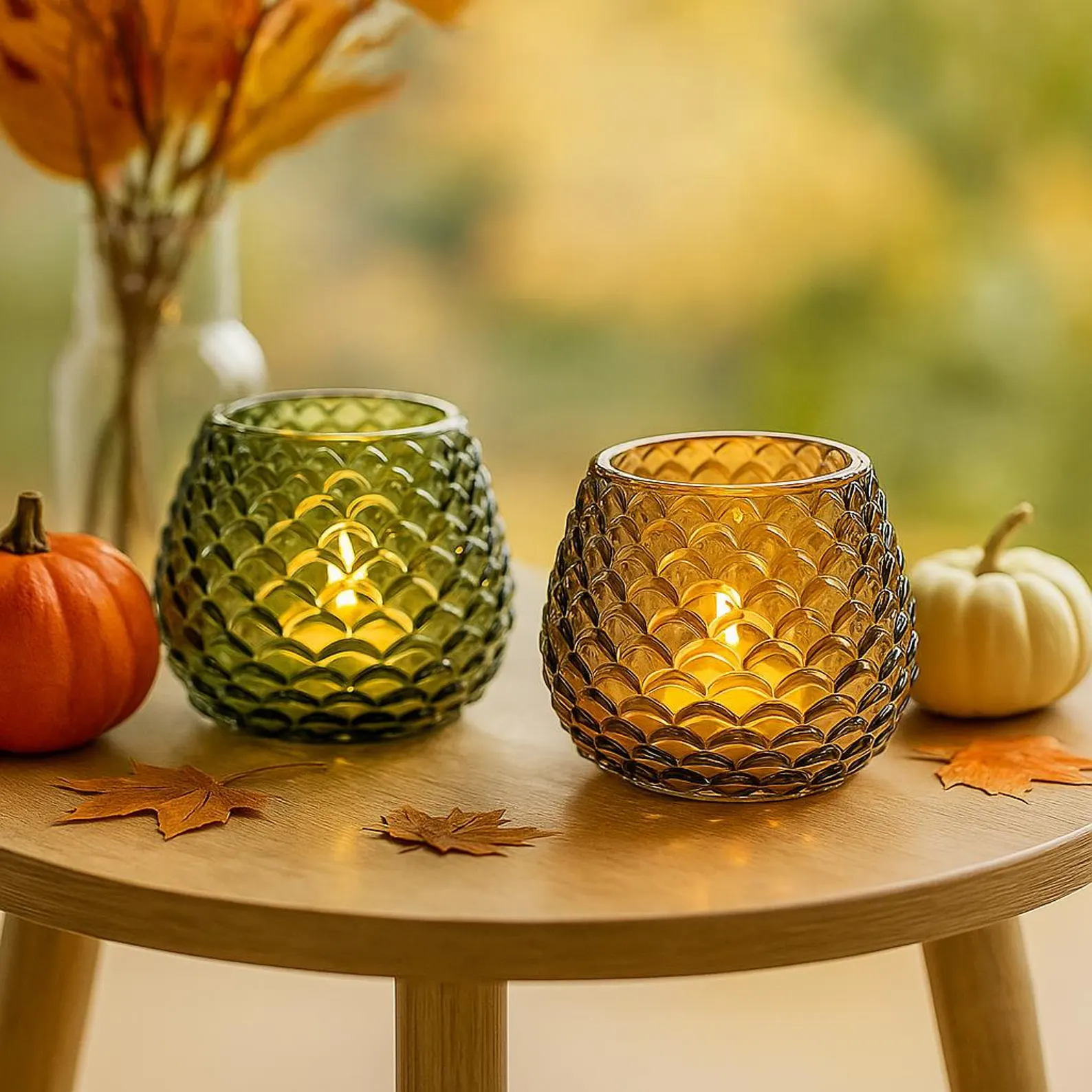 Teelichtglas Herbstzauber – Windlicht, Teelichthalter mit Struktur - Tischdeko Herbst
