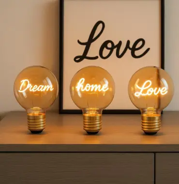 LED Glühbirne mit Schriftzug Dream, Home oder Love – Dekolicht mit USB-Anschluss
