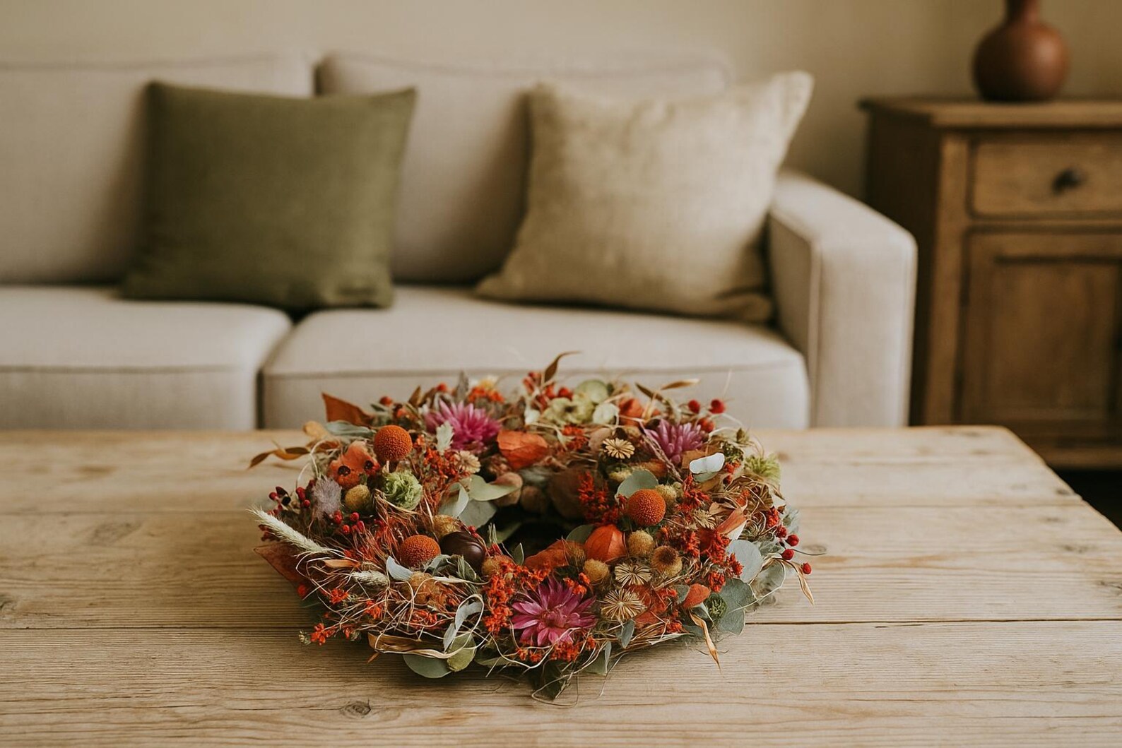 Herbstlicher Trockenblumenkranz Landhausstil - Ø 35cm – Bild 4