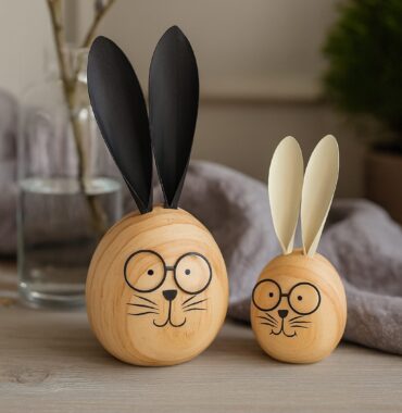 Holz Hasen mit Brille - Osterdeko aus Holz mit Metallohren