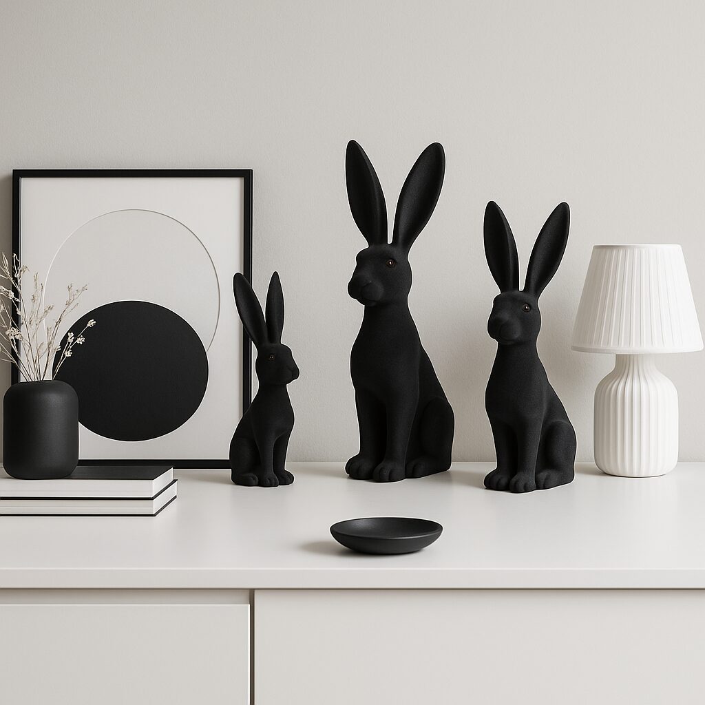 Osterhase schwarz beflockt Dekofigur, Hase im Naturstil, drei Größen zur Auswahl – Bild 3