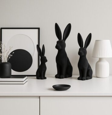 Osterhase schwarz beflockt Dekofigur, Hase im Naturstil, drei Größen zur Auswahl