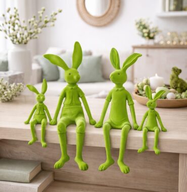 Beflockter Hase Grün, Osterhase Kantenhocker - Deko Hase Ostern, Frühlingsdeko