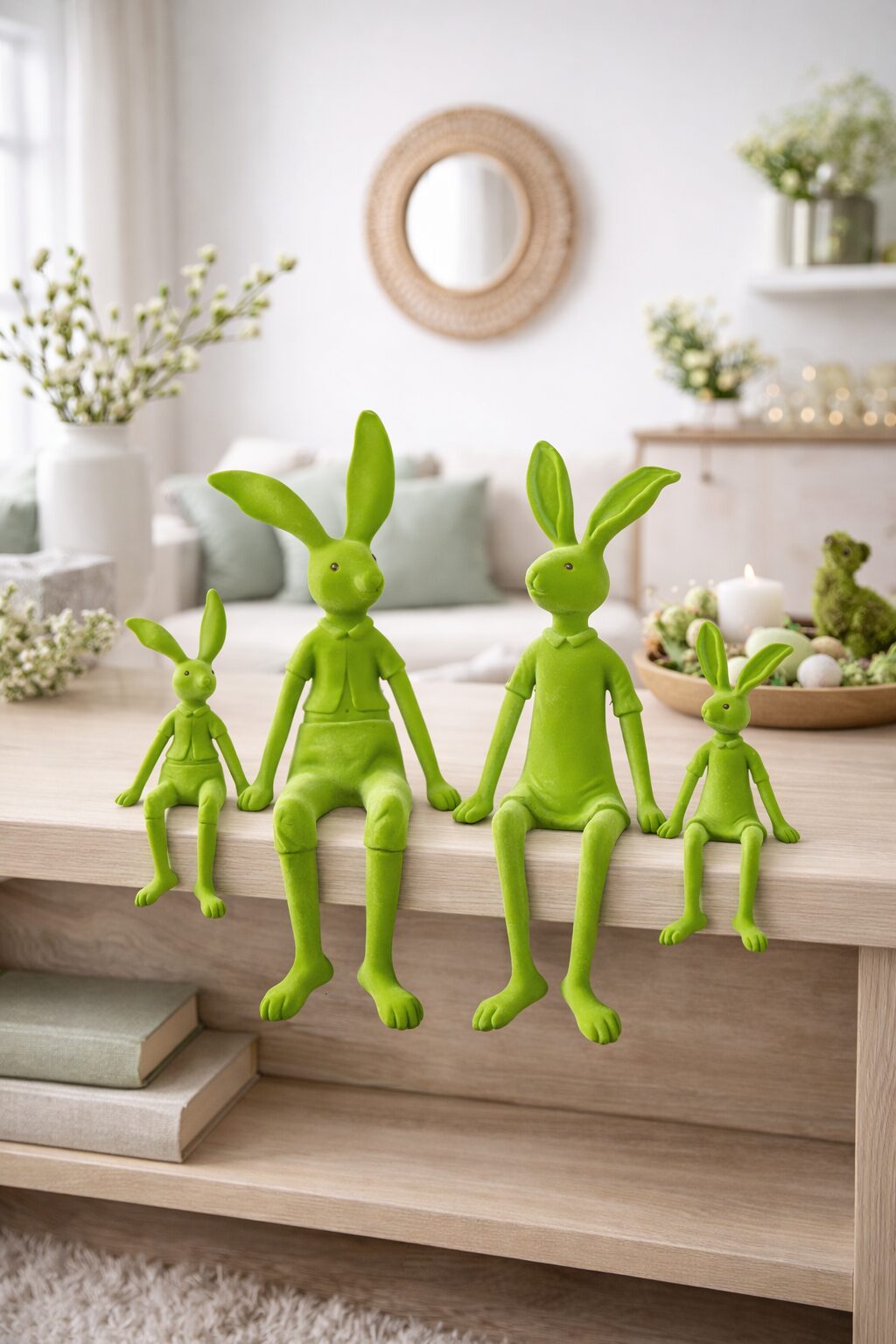 Beflockter Hase Grün, Osterhase Kantenhocker - Deko Hase Ostern, Frühlingsdeko