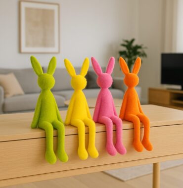 Kantenhocker Hase beflockt, Osterhase Deko bunt, sitzende Hasenfigur