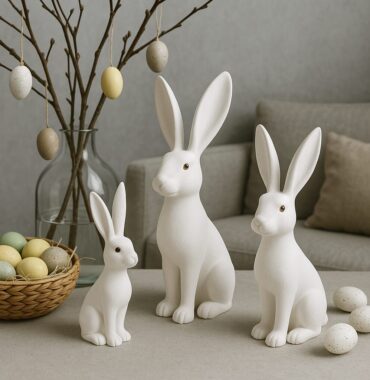 Osterhase weiß beflockt Dekofigur, Langohr Hase im Naturstil, drei Größen zur Auswahl