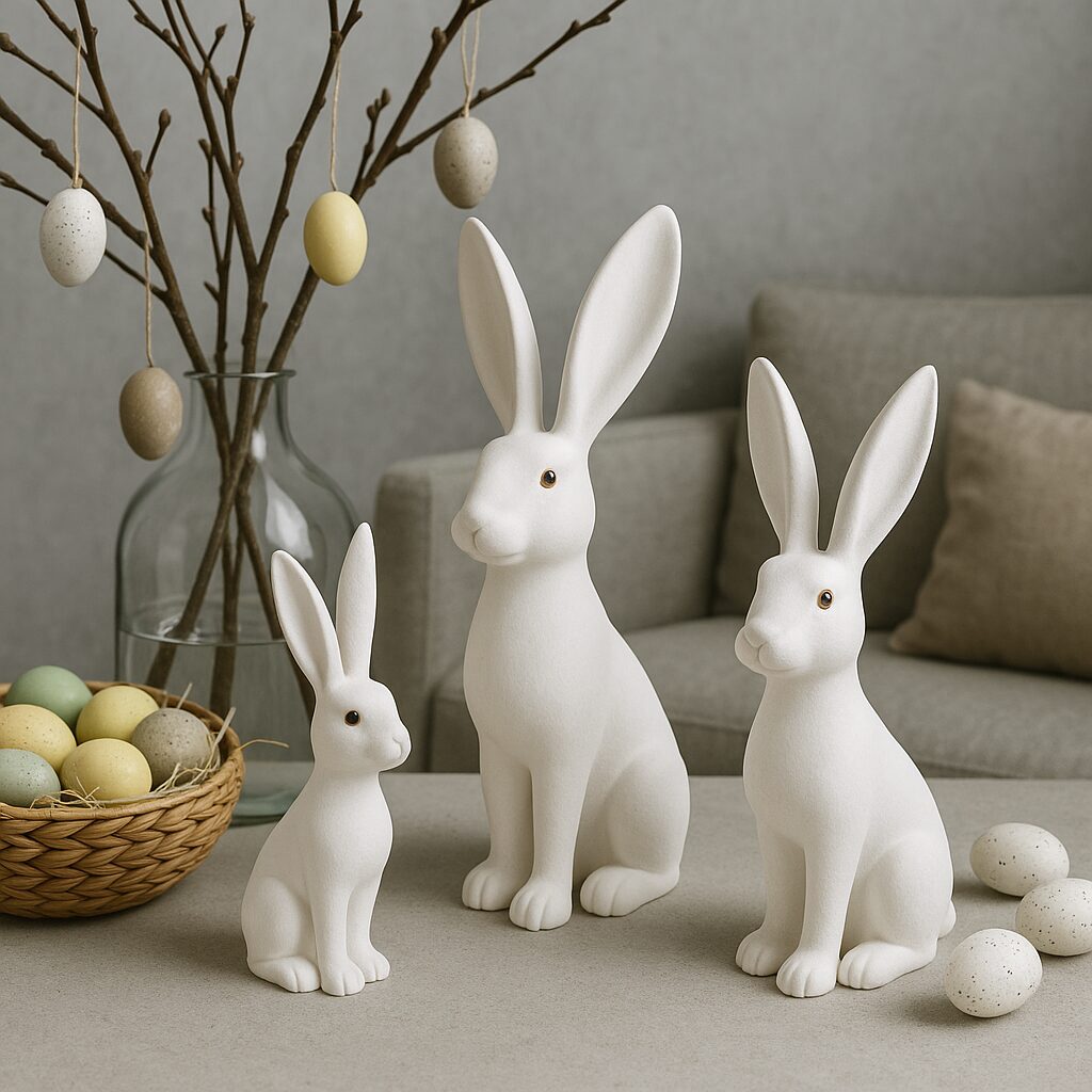 Osterhase weiß beflockt Dekofigur, Langohr Hase im Naturstil, drei Größen zur Auswahl
