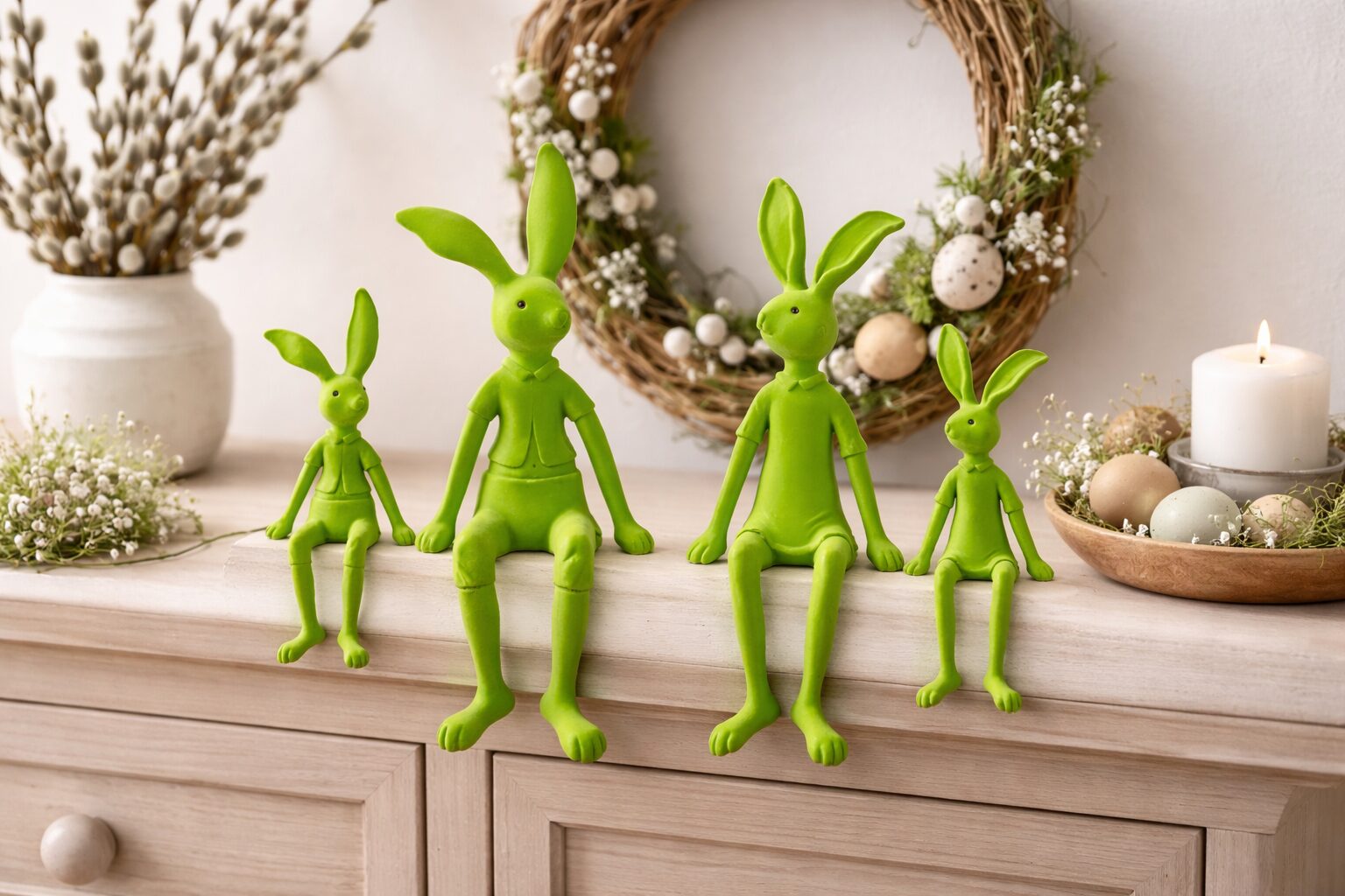 Beflockter Hase Grün, Osterhase Kantenhocker - Deko Hase Ostern, Frühlingsdeko – Bild 3