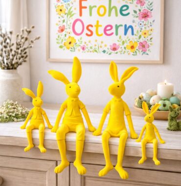 Beflockter Hase Gelb, Osterhase Kantenhocker - Deko Hase Ostern