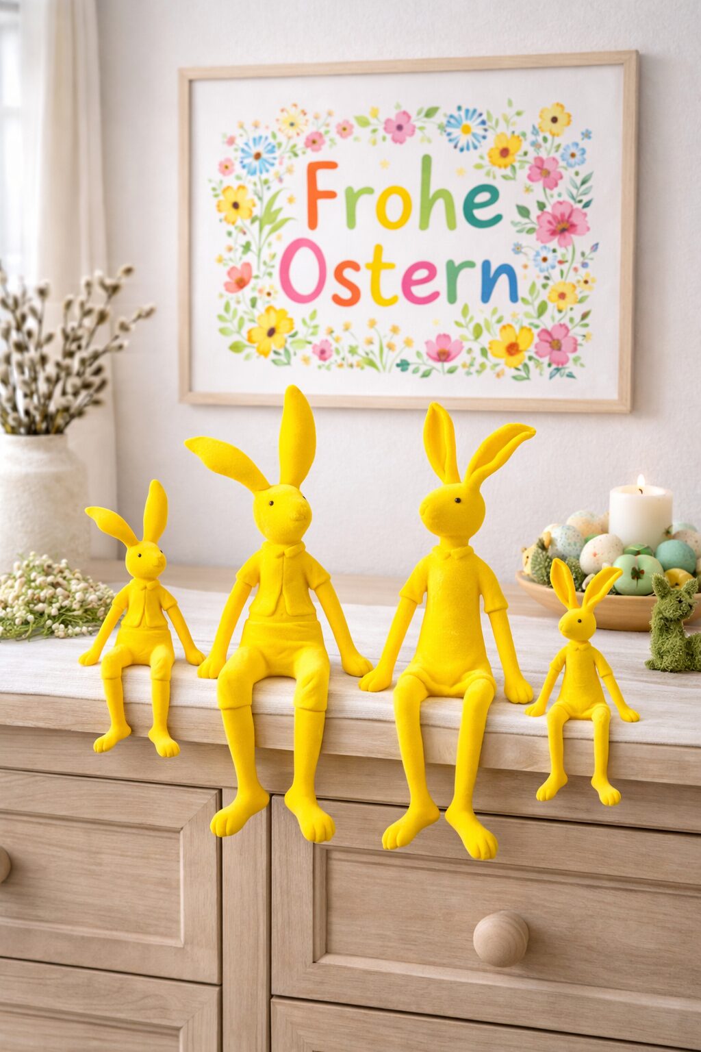 Beflockter Hase Gelb, Osterhase Kantenhocker - Deko Hase Ostern