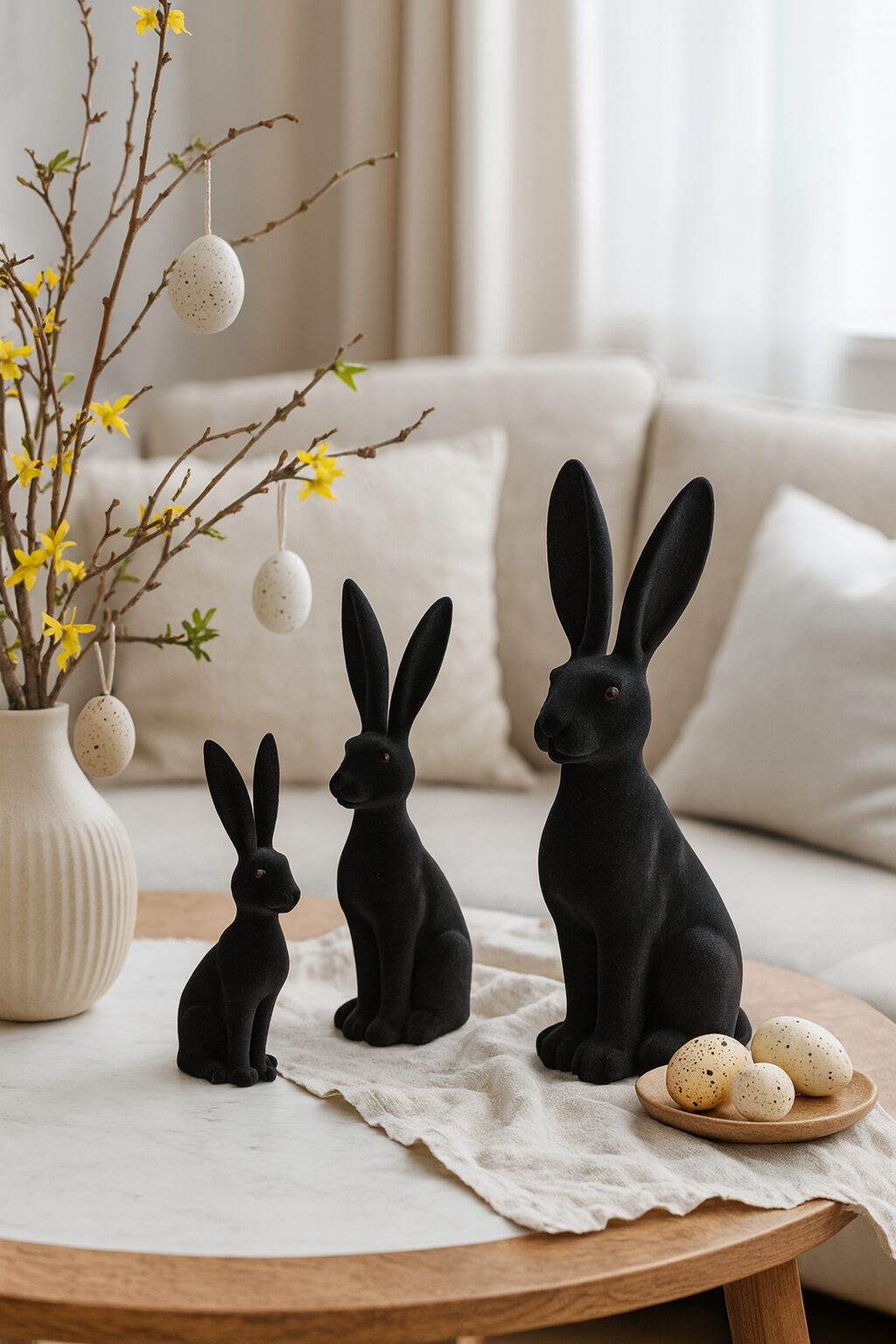 Osterhase schwarz beflockt Dekofigur, Hase im Naturstil, drei Größen zur Auswahl – Bild 4