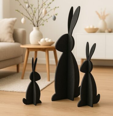 XL Filzhase Schwarz, Deko Hase groß, Hasenfigur Filz modern, stehender Steckhase