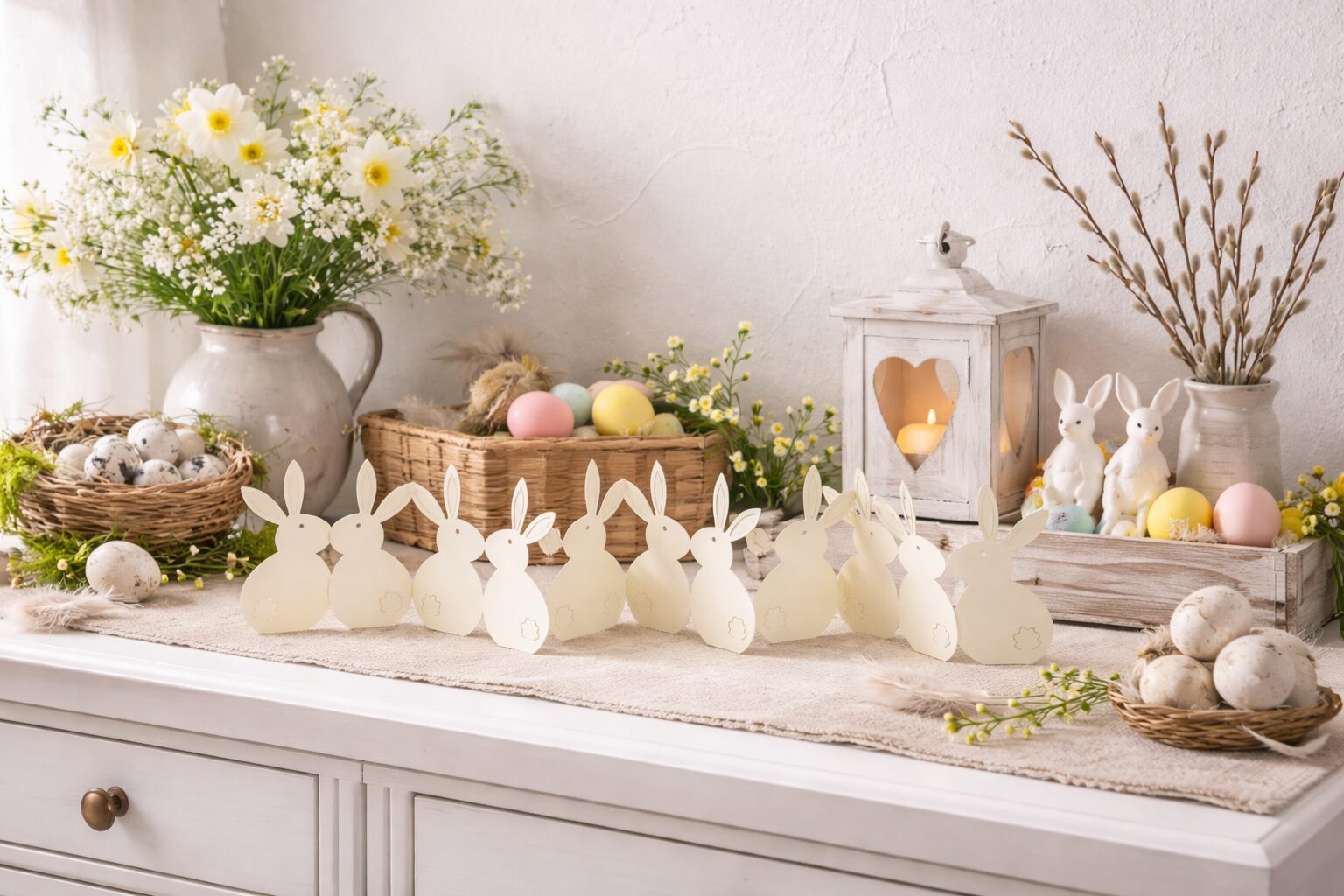 Hasenreihe Papier weiß, Osterdekoration Tischdeko Ostern, Papierhasen Deko – Bild 2