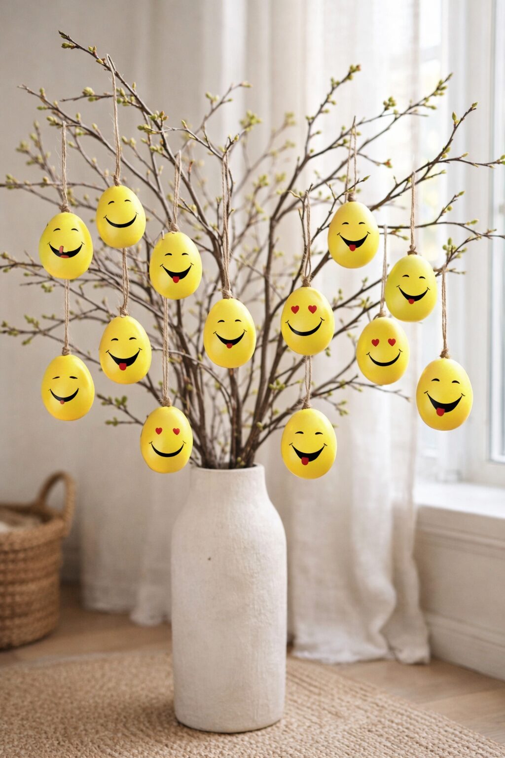 Ostereier bemalt Smiley, gelbe Deko Eier zum Aufhängen, 12er Set im Tray