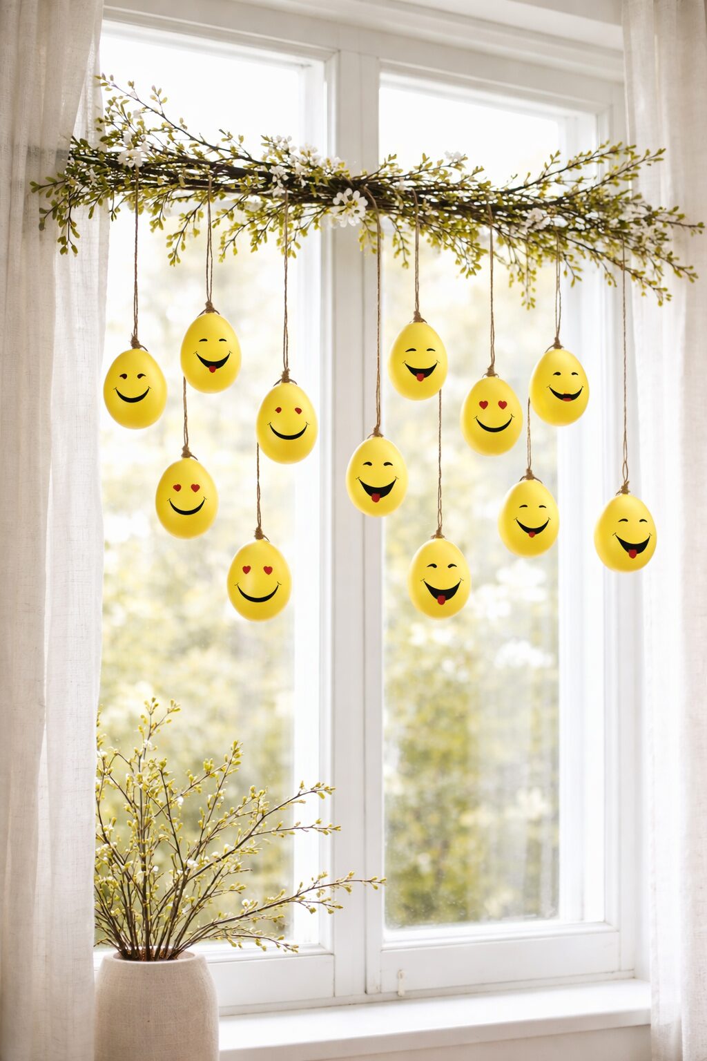 Ostereier bemalt Smiley, gelbe Deko Eier zum Aufhängen, 12er Set im Tray – Bild 4