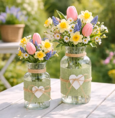 Glasvase mit Jute und Herz, Deko Vase Landhausstil, Glasvase grün natur